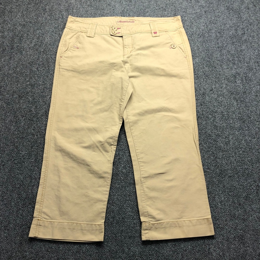 Aeropostale Womens Khaki Crop Pants Tan Cotton Chino Size 13/14 Butterfly Trim